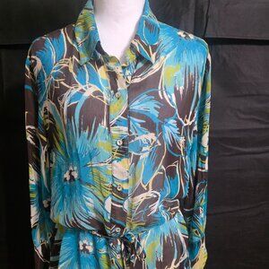 Chico’s 100% Silk Tropical Floral Button Front Blouse Size 3 (XL 12-14)